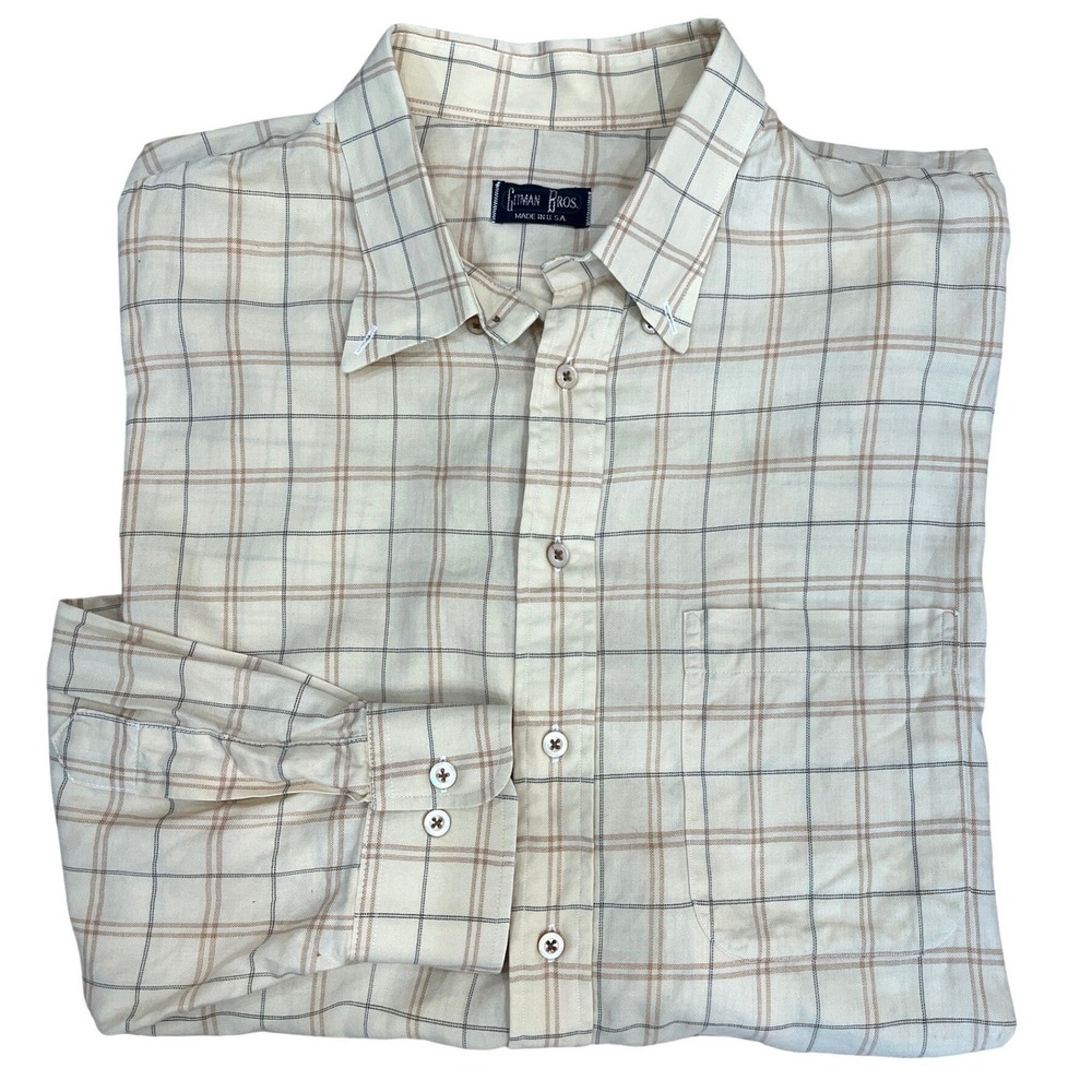 Gitman Bros Mens XXL Plaid Button Down Shirt Tan Brown Windowpane Cotton USA